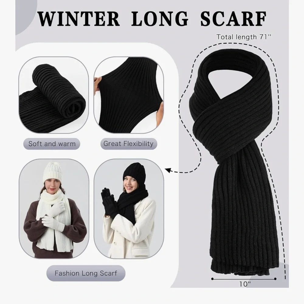 🆕 Winter Hat Beanie Long Scarf Touchscreen Gloves Set, 3Pcs Soft Thick Fleece